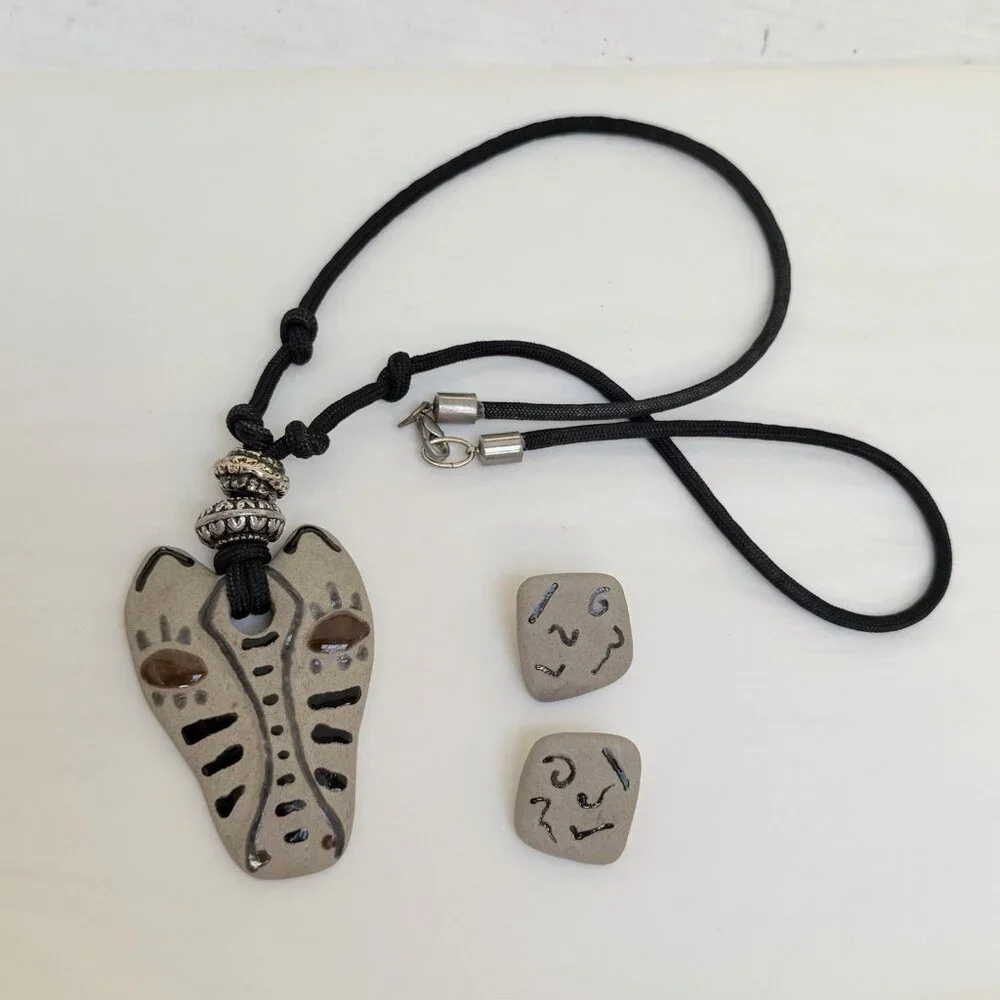 Vintage Clay Cat Head Calderon Signed Necklace Clip On Earrings Set Gift
